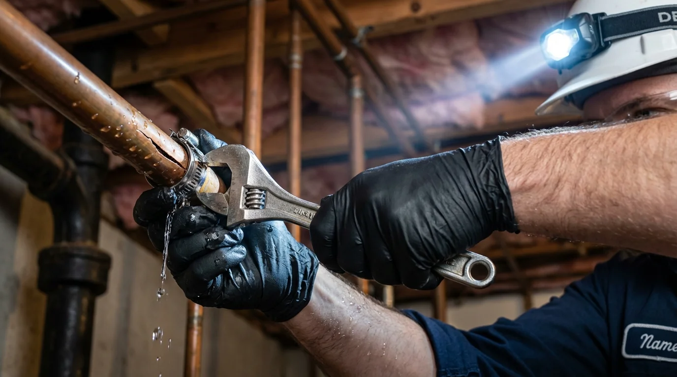 Emergency pipe clamp repair being performed by a Johns Plumbing LLC plumber in Hellertown